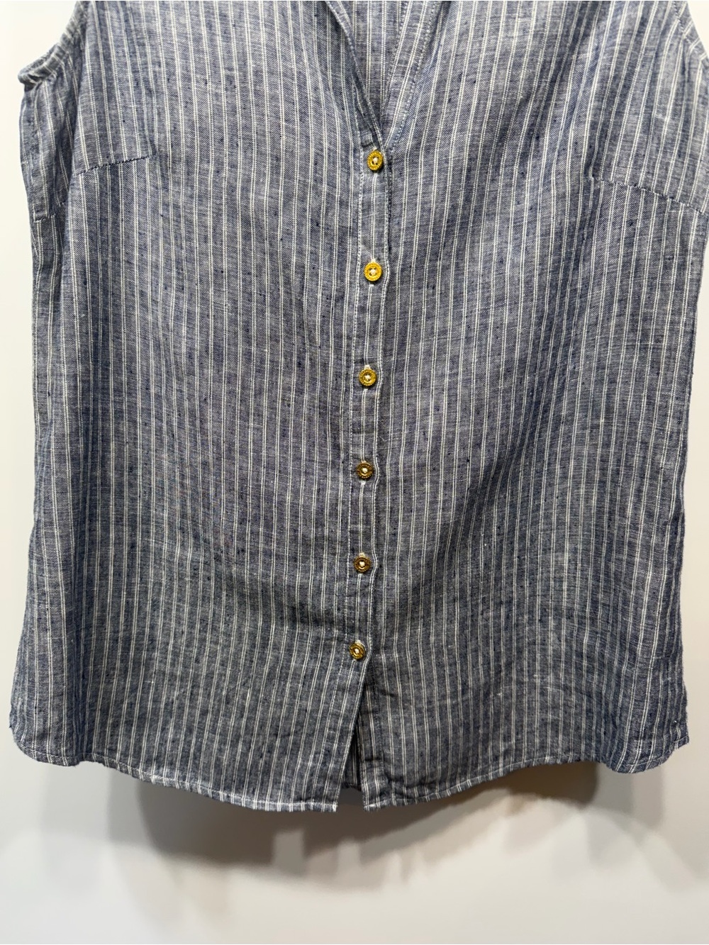 Ellen Tracy 100% Linen Sleeveless Button Front Top Medium Blue Stripe - Picture 6 of 12